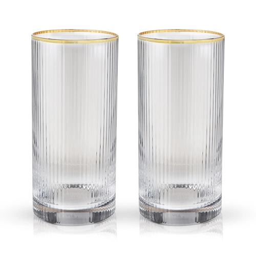 Meridian Ripple Highball Glasses with Gold Rim Cocktail Glass Glassware Barware Home Bar