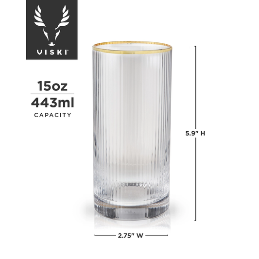 Meridian Ripple Highball Glasses with Gold Rim Cocktail Glass Glassware Barware Home Bar